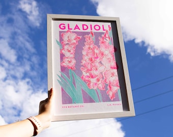Gladiolus Flower Illustration Print - Gladioli Risograph Print - Kitchen Prints - Flower Poster - Pink Wall Art - Riso Art