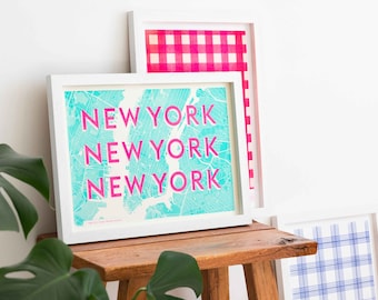 New York Map Print - Risograph Typography Map Print A3 | Riso Art