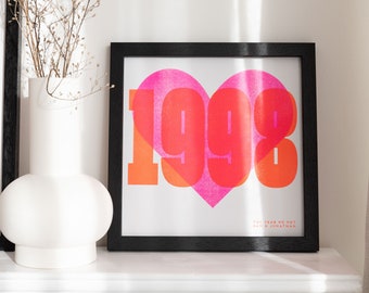 Risograph Personalised Year Print - Fluoro Pink Heart - Birth or Anniversary Year | Riso Art