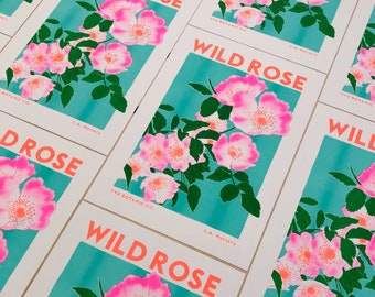 Impression d’illustration de fleur de rose sauvage - Impression risographe - Impression florale - Affiche de fleurs - Art mural rose - Impressions de fleurs - Œuvre d’art botanique