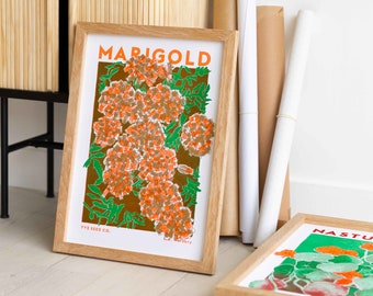 Marigold Flower Illustration Print - Risograph Print - Marigold Print - Flower Wall Art - Flower Prints - Riso Print