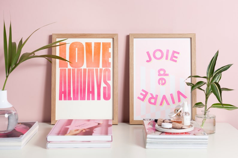 Joie de Vivre Riso Print in Pink Joyful Typography Print Statement Wall Art with French Quote image 2