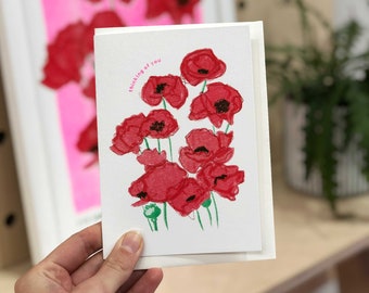 Thinking of You Greetings Card - Poppy Illustration - Risograph card - Blank Inside - A6