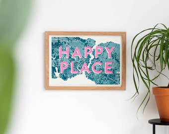 Happy Place - Personalised Typographic Custom Map Print | A3 Risograph Print