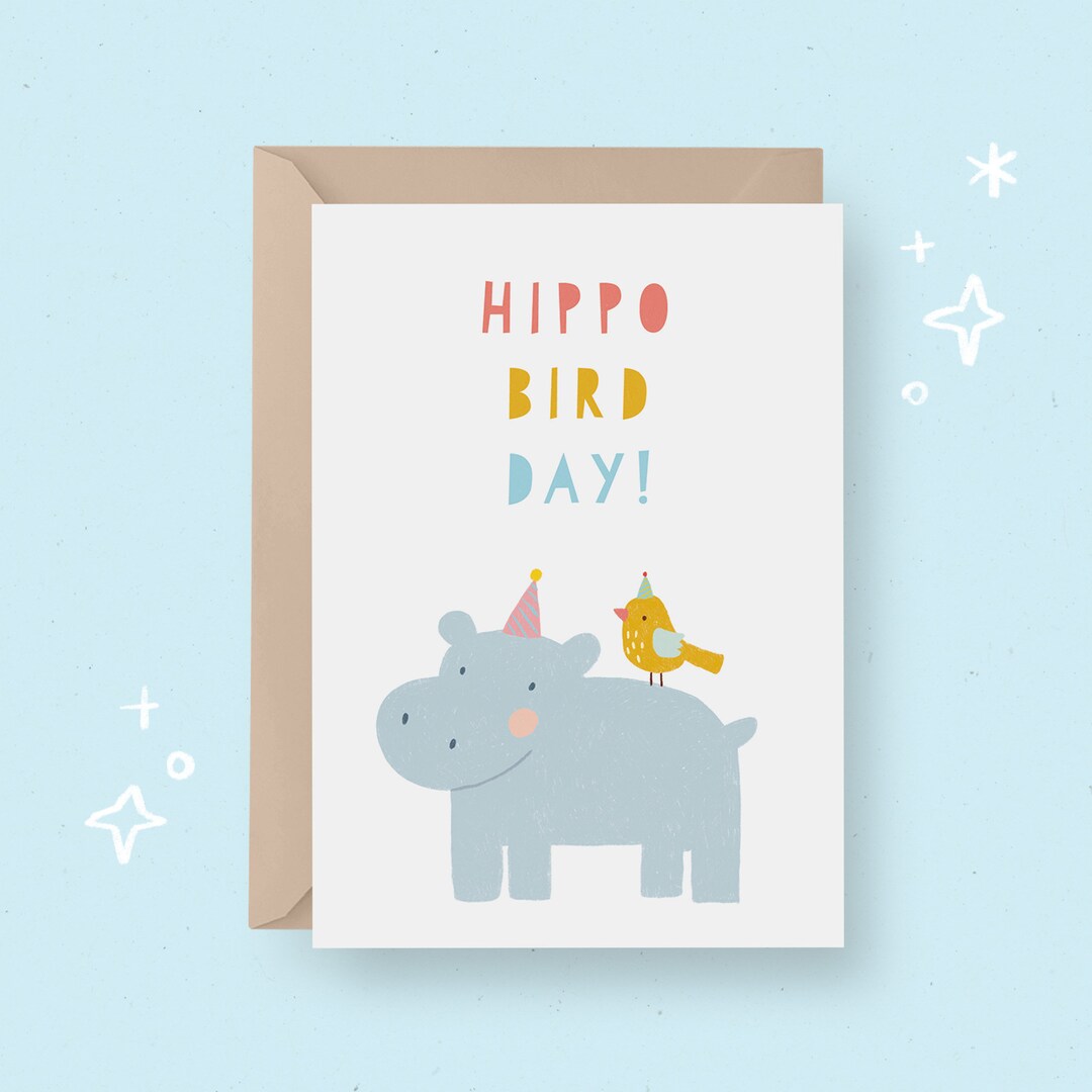 PRINTABLE Birthday Card Birthday Hippo Bird Day Card Instant Download ...