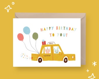 PRINTABLE Birthday Card Birthday Taxi Card Instant Download Card Printable Greetings Card Cute Taxi with Balloons Kids Birthday Card