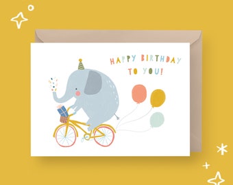 PRINTABLE Birthday Card Birthday Elephant Riding a Bike Card Instant Download Card Printable Greetings Card Cute Elephant Kids Birthday Card