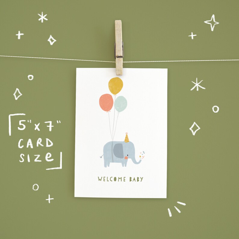 PRINTABLE New Baby Card Baby Elephant Green Baby Shower Greetings Card Instant Download Card Printable Greetings Card Cute Elephant zdjęcie 3