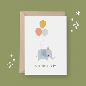 PRINTABLE New Baby Card Baby Elephant Green Baby Shower Greetings Card Instant Download Card Printable Greetings Card Cute Elephant zdjęcie 1