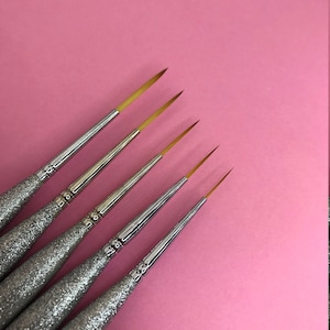 May include: Five silver and gold detail nail art brushes with fine tips. The brushes are arranged in a fan shape against a pink background.