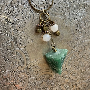 Green Aventurine and Rose Quartz on Long Dainty Bronze Chain Necklace