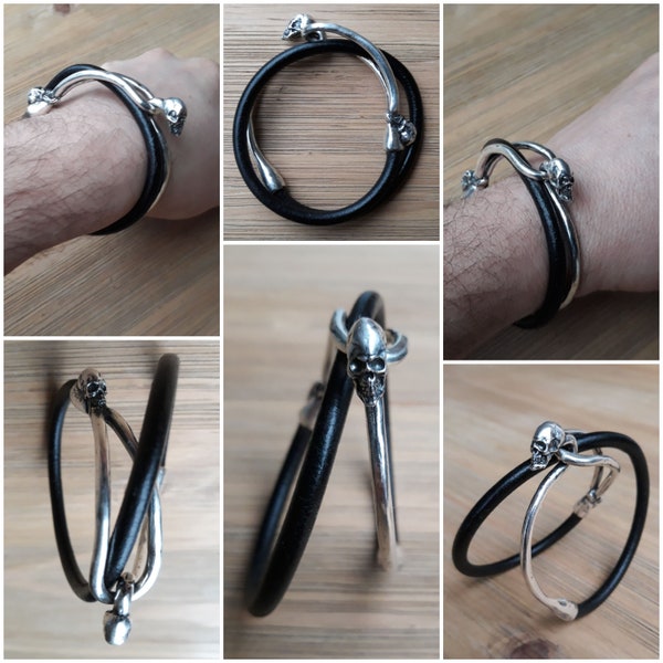 bracelet en argent massif (925) "têtes de mort" et cuir