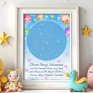 Carte des étoiles pour nouveau-né, date de naissance, cadeau parent, cadeau papa, cadeau maman, événement de la vie, grossesse, baptême, baptême, nouvelle vie