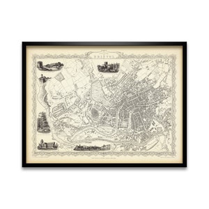 May include: A vintage black and white map of Bristol, England. The map shows the city's streets, buildings, and landmarks. The map is surrounded by a decorative border.