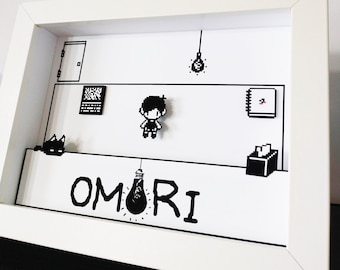 Diorama de caja de sombras con espacio blanco de Omori, arte pop 3D