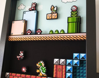 Diorama de caja de sombras grande de Super Mario 3, arte pop 3D