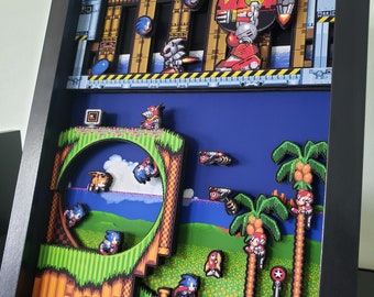 Diorama de caja de sombras grande de Sonic the Hedgehog en arte pop 3D
