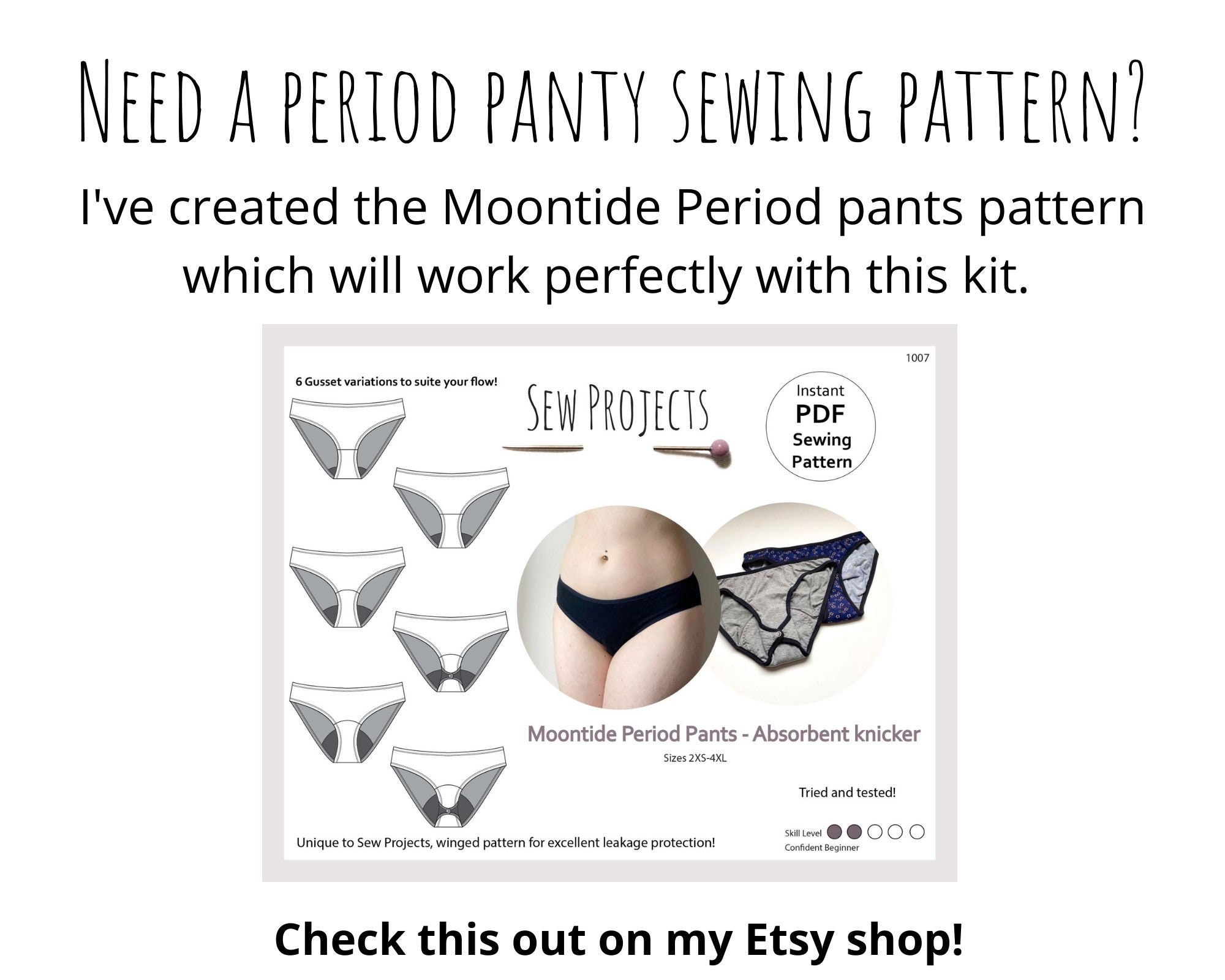 Period Panty Sewing Kit With Black Organic Cotton Material Period Pants  Fabric DIY Period Sew Menstrual Underwear Kit 