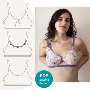 May include: A PDF sewing pattern for a bra with three different styles. The pattern includes a bra with a keyhole detail, a bra with a lace trim, and a bra with a simple design. The pattern is shown next to a photo of a person wearing a bra made from the pattern.