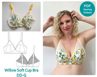 Bra Soft Cup Sewing Pattern in Full bust sizes (DD-G UK cup sizes) // PDF Digital Pattern. Willow Soft Cup Bra by Sew Projects.