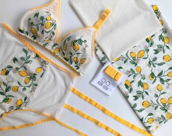 Bra and knicker Willow Sewing kit//Lemon yellow printed cotton and ivory powernet with hand dyed yellow elastics and bra fastener.