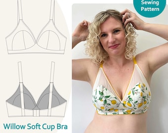 May include: A sewing pattern for a soft cup bra in sizes DD-G. The pattern is shown with a white bra with a lemon print on a model.