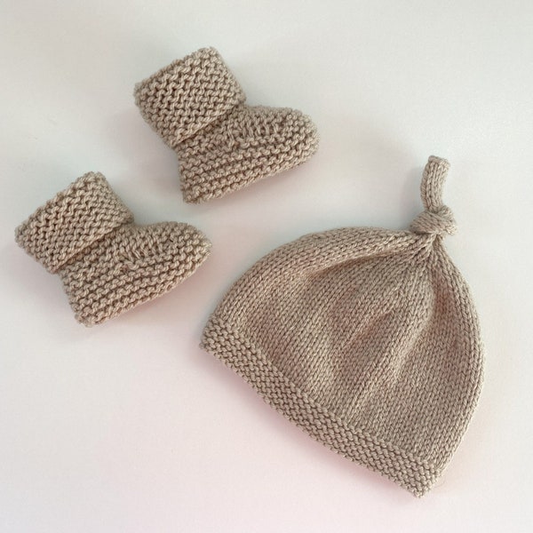 Hand Knitted Hat and Matching Booties Set - 0-3 Months - Stone