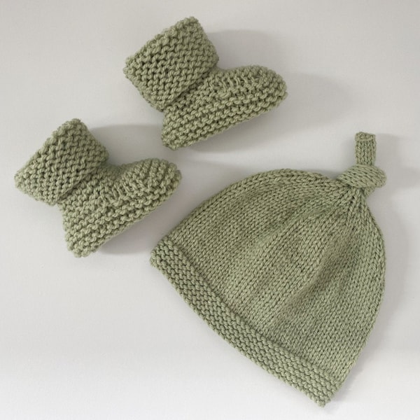 Hand Knitted Hat and Matching Booties Set - 0-3 Months - Sage Green