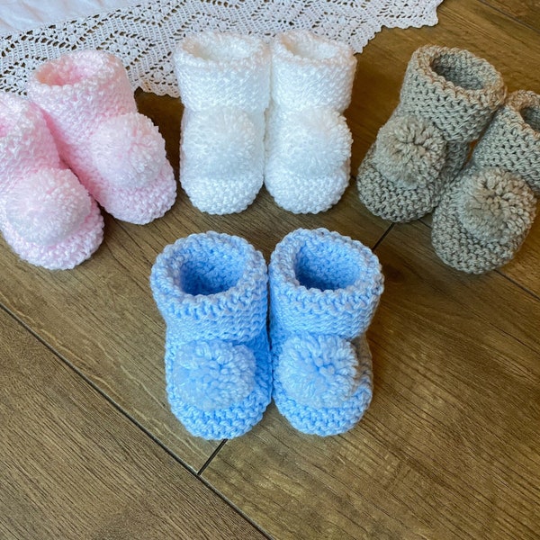 Hand Knitted Baby Booties with Matching Pom Poms - 0-3 / 3-6 Months - White, Stone, Pink and Blue