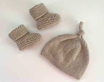 Hand Knitted Hat and Matching Booties Set - 0-3 Months - Stone