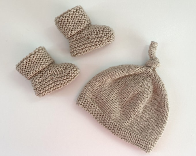 Hand Knitted Hat and Matching Booties Set - 0-3 Months - Stone