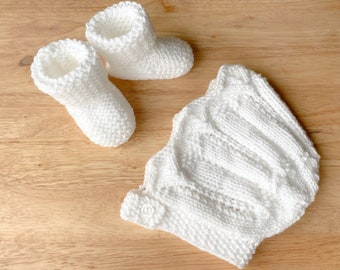 Hand Knitted Traditional Bonnet and Booties Set - 0-3 Months - White