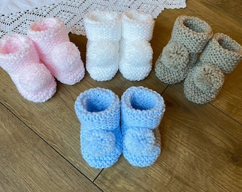 crochet baby booties sparkling booties newborn pink pompom booties White pompom booties