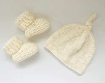 Hand Knitted Hat and Matching Booties Set - 0-3 Months - Cream