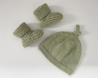 Hand Knitted Hat and Matching Booties Set - 0-3 Months - Sage Green