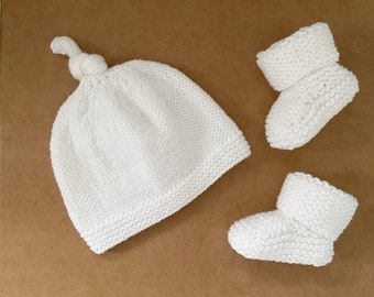 Hand Knitted Hat and Matching Booties Set - 0-3 Months - White