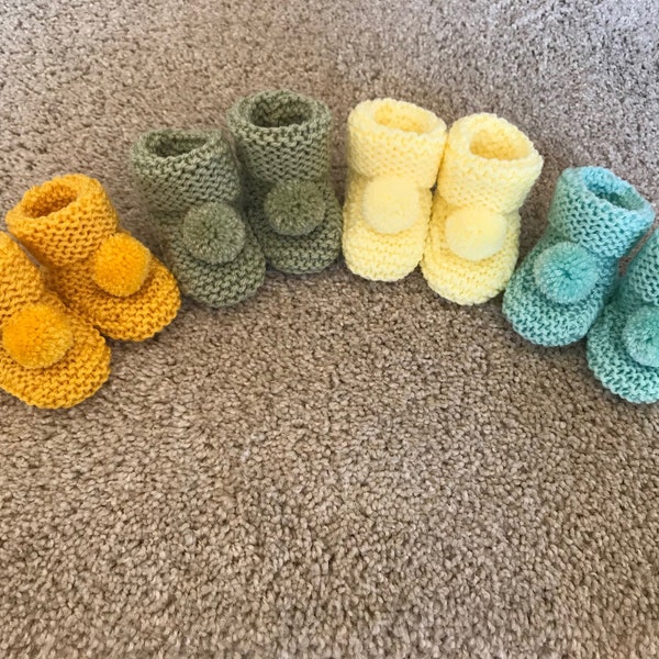 Hand Knitted Baby Booties with Matching Pom Poms - 0-3 Months and 3-6 Months - Sunshine Yellow, Lemon, Mint Green and Sage Green