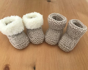 SHIMMER Hand Knitted Baby Booties in Sparkle Neutral - Plain or with Fluffy Faux Shearling/ Fur Cuff - 0-3 months, 3-6 months or 6-9 months