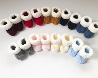 Hand Knitted Baby Booties with Fluffy Faux Shearling/ Fur Cuff - 0-3 months or 3-6 months