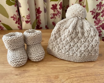 Hand Knitted Hat and Matching Booties Set - 0-3 Months - Calico Neutral