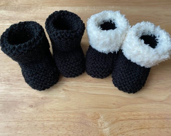 Hand Knitted Baby Booties in Black - Plain or with Fluffy Faux Shearling/Fur Cuff - 0-3 months, 3-6 months or 6-9 months