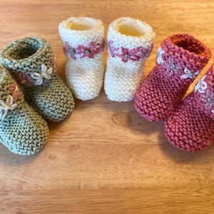 Hand Knitted Baby Booties with Embroidered Cuff - Sage Green, Pink or Cream - 0-3 Months or 3-6 Months