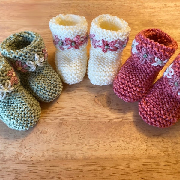 Hand Knitted Baby Booties with Embroidered Cuff - Sage Green, Pink or Cream - 0-3 Months or 3-6 Months