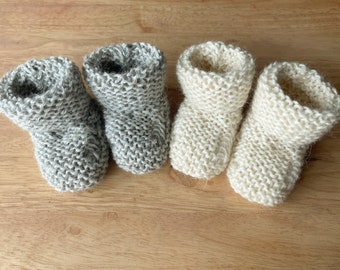 Hand Knitted Alpaca Baby Booties - Ecru and Light Grey - 0-3 or 3-6 Months