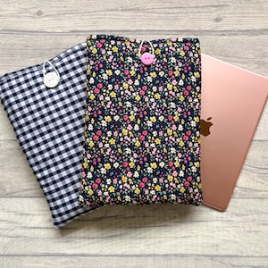 Navy Check Gingham / Floral Handmade iPad Tablet Tech Book Sleeve / Pouch