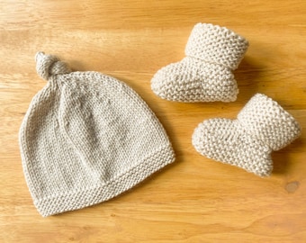 Hand Knitted Hat and Matching Booties Set - 0-3 Months - Calico