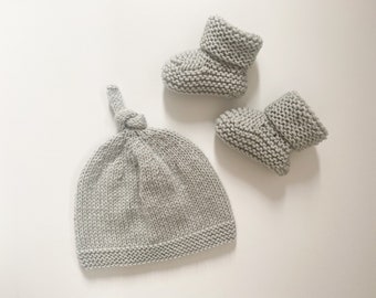 Hand Knitted Hat and Matching Booties Set - 0-3 Months - Grey