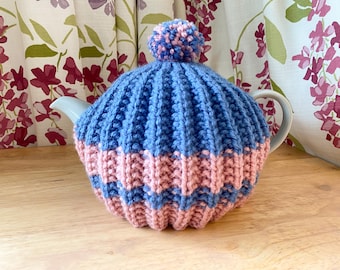 Traditional Hand Knitted Tea Cosy - 4 cup teapot - Blue & Pink