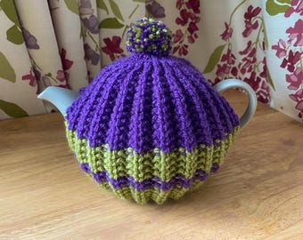 Traditional Hand Knitted Tea Cosy - 4 cup teapot - Purple & Green