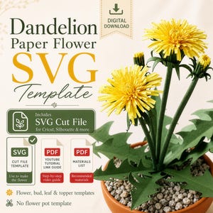 May include: A digital download SVG template for crafting paper dandelions, featuring text that reads Dandelion Paper Flower SVG Template, Includes SVG Cut File, and lists components like flower, bud, leaf, and topper templates.